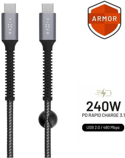 FIXED odolný nabíjecí a datový kabel Armor USB-C - USB-C, 1.2m, USB 2.0, PD 240W, šedá