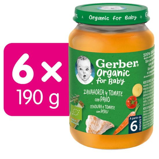 Gerber Organic dětský příkrm mrkev a rajčata s krůtím masem 6x190 g