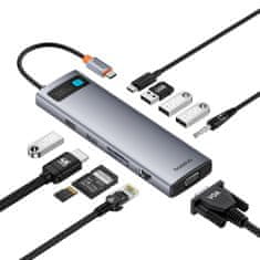 shumee 11v1 HUB adaptér USB-C na USB-C PD 4x USB HDMI VGA AUX RJ45 SD TF šedá