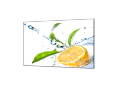 Glasdekor Ochranná deska citron ve vodě s listím - Ochranná deska: 65x90cm, Lepení na zeď: S lepením na zeď