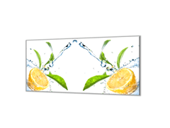 Glasdekor Ochranná deska citron ve vodě s listím - Ochranná deska: 65x90cm, Lepení na zeď: S lepením na zeď