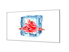 Glasdekor Ochranná deska chilli v ledové kostce - Ochranná deska: 50x50cm, Lepení na zeď: S lepením na zeď