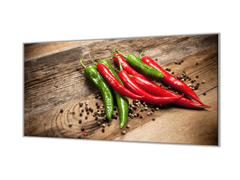 Glasdekor Ochranná deska chilli a pepř na dřevě - Ochranná deska: 52x60cm, Lepení na zeď: S lepením na zeď