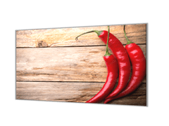 Glasdekor Ochranná deska červené chilli na dřevě - Ochranná deska: 52x60cm, Lepení na zeď: S lepením na zeď