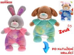 Baby Happiness zvířátko plyšové 26 cm v oblečku se zvukem na natažení na kartě