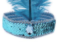 Karnevalová čelenka flitrová s peřím retro - modrá azurová