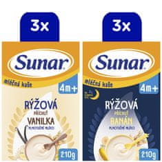 Sunar Kaše mléčná rýžová mix příchutí, 4m+, 6x210g