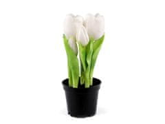 Umělé tulipány v květináči - (21cm) bílá