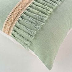 Douceur D'Interieur Dekorační bavlněný polštář s jutovou dekorací a třásněmi JANARA, 45 x 45 cm barva zelená