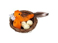 Dekorace plast, proutí 80mm hnízdo s kropenatými vajíčky a ptáčky, mix barev