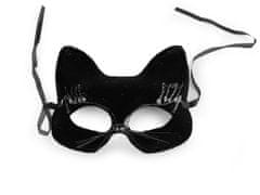 Karnevalová maska - škraboška sametová s glitry kočka - černá stříbrná