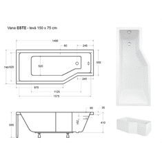 Besco Asymetrická vana ESTE 150 × 75 cm S nožičkami Levé