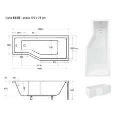 Besco Asymetrická vana ESTE 170 × 75 cm S nožičkami Pravé