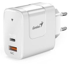 Genius PD-65AC, Napájecí adaptér, univerzální, 65W, 1× USB-C, 1× USB, PD 3.0, QC 3.0, bílý