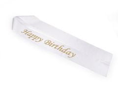 Narozeninová saténová šerpa Happy Birthday šíře 9,5 cm - bílá zlatá