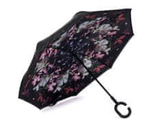 Obrácený deštník dvouvrstvý - černá květy