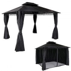 MCW Hardtop pergola M81, pavilon, hliníkové střešní vzpěry 7cm ocelový rám s boční stěnou a moskytiérou 3,6x3m ~ šedá