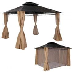 MCW Hardtop pergola M81, pavilon, hliníkové střešní vzpěry 7cm ocelový rám s boční stěnou a moskytiérou 3,6x3m ~ krémová