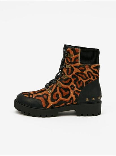 Desigual Hnědé dámské kožené kotníkové boty s leopardím vzorem Desigual Biker Leopard