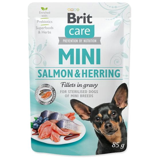 Brit Kapsička Care Mini Sterilised losos a sleď, filety v omáčce 85g