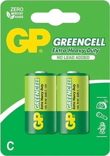 GP zinko-chloridová baterie 1,5V C (R14) Greencell 2ks fólie