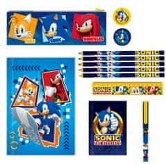 CurePink Set školních potřeby Nintendo|Sonic: The Hedgehog (bloky, tužka, pastelky, lepidlo, ořezávátko, pravítko, guma, penál)