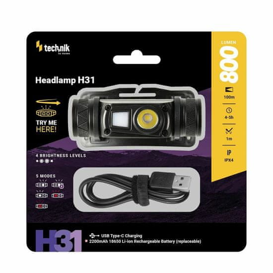 Technik MT-H31 Čelovka H31 (nabíjecí) OSRAM P9 LED + červené světlo + USB-C (800 lm)