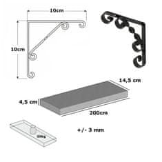 Moderix Rustikální Dřevěná Silná Závěsná Nástěnná Police na Podpěrách Konzolách WO Černá, Hloubka 14.5cm, Šířka 200cm, Monochrome