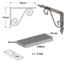 Moderix Rustikální Dřevěná Silná Závěsná Nástěnná Police na Podpěrách Konzolách WOZ Stříbrný, Hloubka 22cm, Šířka 120cm, Bezbarvý Lak