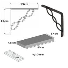 Moderix Rustikální Dřevěná Silná Závěsná Nástěnná Police na Podpěrách Konzolách WPRP Černá, Hloubka 17cm, Šířka 80cm, Starožitná Šedá