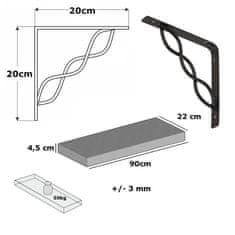 Moderix Rustikální Dřevěná Silná Závěsná Nástěnná Police na Podpěrách Konzolách WPRP Černá, Hloubka 22cm, Šířka 90cm, Starožitná Šedá