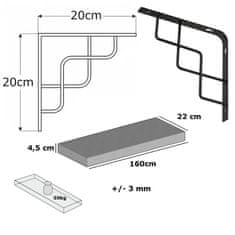 Moderix Rustikální Dřevěná Silná Závěsná Nástěnná Police na Podpěrách Konzolách SQUARE Černá, Hloubka 22cm, Šířka 160cm, Střední Dub