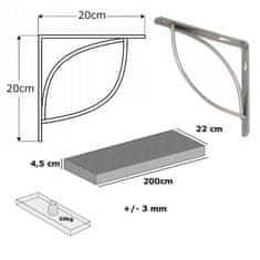 Moderix Rustikální Dřevěná Silná Závěsná Nástěnná Police na Podpěrách Konzolách TRAMP Stříbrný, Hloubka 22cm, Šířka 200cm, Bezbarvý Lak