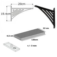 Moderix Rustikální Dřevěná Silná Závěsná Nástěnná Police na Podpěrách Konzolách WAT Černá, Hloubka 22cm, Šířka 130cm, Černá