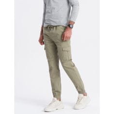 OMBRE Pánské kalhoty JOGGERS s cargo kapsami na zip khaki MDN125076 XXL