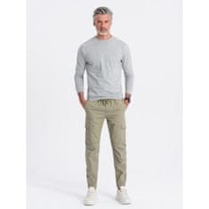 OMBRE Pánské kalhoty JOGGERS s cargo kapsami na zip khaki MDN125076 XXL