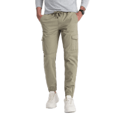 OMBRE Pánské kalhoty JOGGERS s cargo kapsami na zip khaki MDN125076 XXL