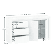 KONDELA Komoda 2D3S, bílý lesk, LINDY