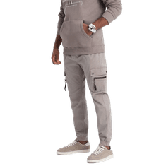 OMBRE Pánské kalhoty JOGGER s cargo kapsami na zip tmavě béžové MDN125090 XL