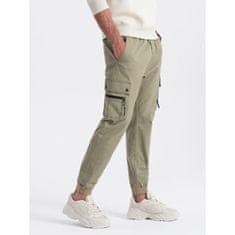 OMBRE Pánské kalhoty JOGGER s nákladními kapsami na zip khaki MDN125089 S