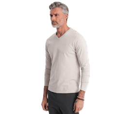 OMBRE Pánské tričko s dlouhým rukávem bez potisku s výstřihem do V světle béžový MDN125092 XL