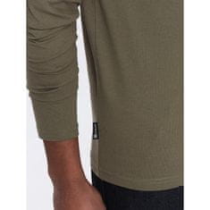 OMBRE Pánské tričko s dlouhým rukávem bez potisku s výstřihem do V tmavě olivový MDN125093 L