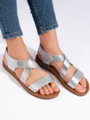 Amiatex Pohodlné sandály stříbrné dámské na plochém podpatku + Ponožky Gatta Calzino Strech, Srebrny, 36