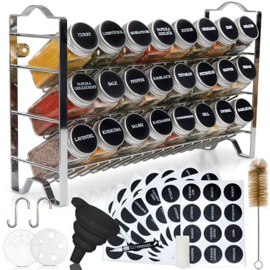 Deco Haus Skleněné dózy na koření a Stojan na kořenky s kořenkami, Třípatrový kovový Stojan na kořenky, Sada kořenek 24ks, 120 ml | DECOHAUS SPICE RACK AND SPICE JAR CHROM