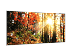 Glasdekor Nástěnné hodiny les podzimní příroda 30x60cm - Materiál: kalené sklo