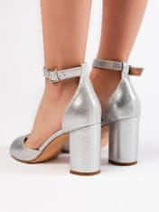 Amiatex Originální dámské sandály stříbrné na širokém podpatku + Ponožky Gatta Calzino Strech, Srebrny, 40