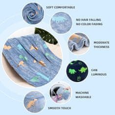 Magická deka, která svítí ve tmě, s motivem dinosaurů, mimořádně měkká a teplá, modré barvy, svítící deka je skvělý nápad na dárek, 150x100 cm, LuminousBlanket-dinosauři