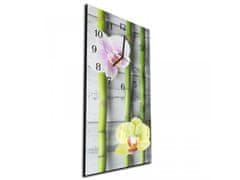 Glasdekor Nástěnné hodiny orchidej růžový a žlutý, bambus 30x60cm - Materiál: kalené sklo