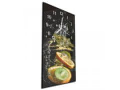 Glasdekor Nástěnné hodiny plátky pomeranč, kiwi na černém 30x60cm - Materiál: kalené sklo