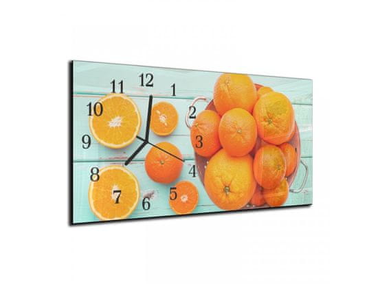 Glasdekor Nástěnné hodiny pomeranče na tyrkys dřevo 30x60cm